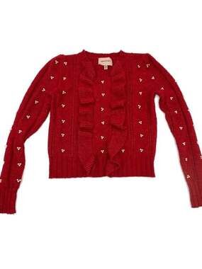 Industry Fitted Magenta Pink Wool Blend Sweater with Ruffle front and pearl deta